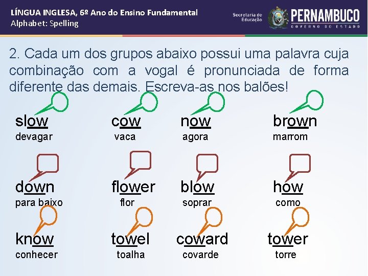 LÍNGUA INGLESA, 6º Ano do Ensino Fundamental Alphabet: Spelling 2. Cada um dos grupos