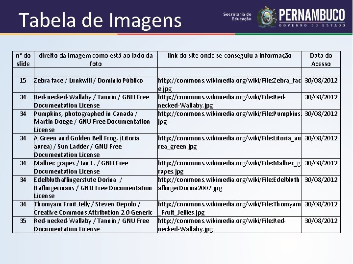 Tabela de Imagens n° do direito da imagem como está ao lado da link
