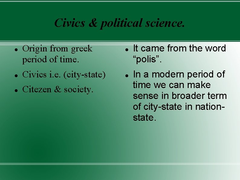 Civics & political science. Origin from greek period of time. Civics i. e. (city-state)