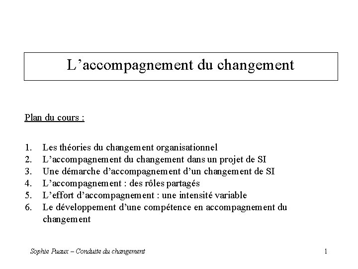 L’accompagnement du changement Plan du cours : 1. 2. 3. 4. 5. 6. Les L’accompagnement du changement Plan du cours : 1. 2. 3. 4. 5. 6. Les