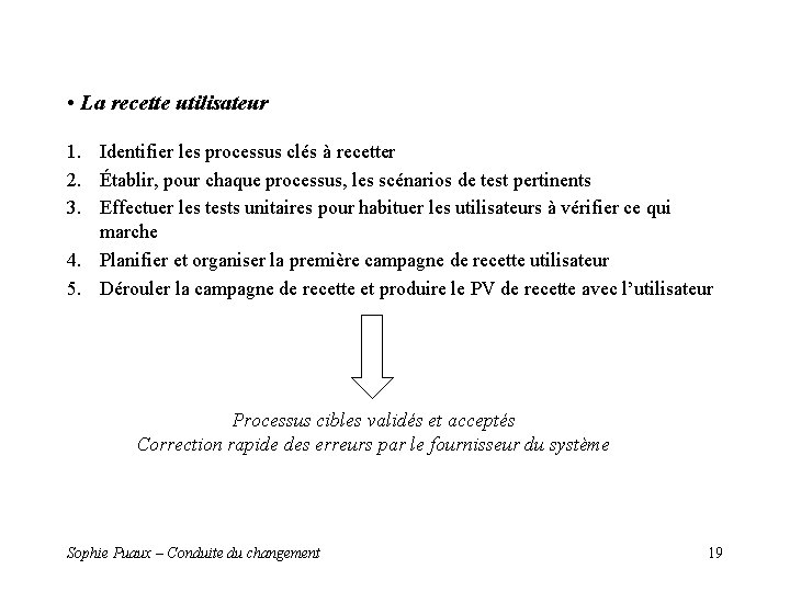 • La recette utilisateur 1. Identifier les processus clés à recetter 2. Établir, • La recette utilisateur 1. Identifier les processus clés à recetter 2. Établir,