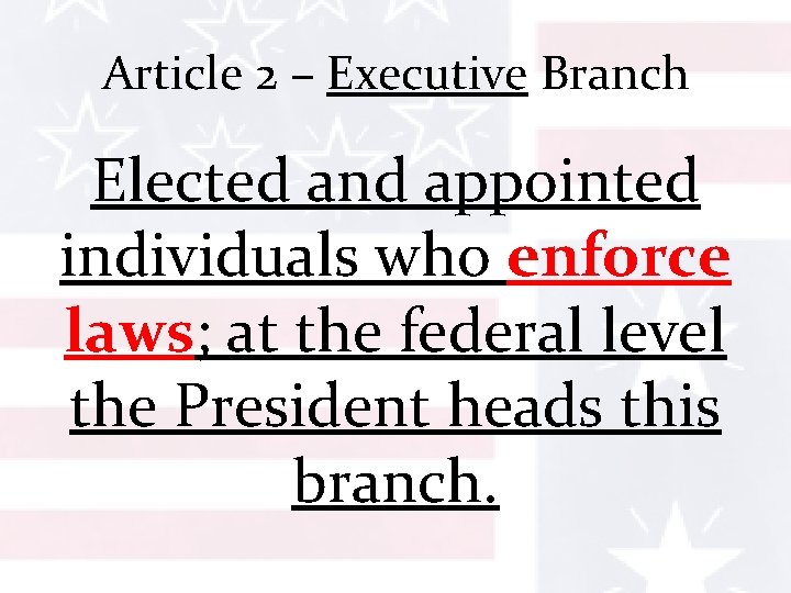 Article 2 – Executive Branch Elected and appointed individuals who enforce laws; at the