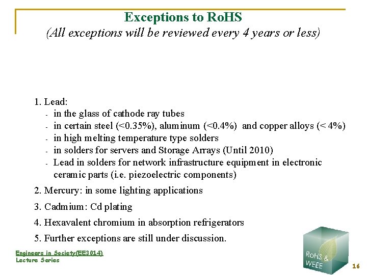 Exceptions to Ro. HS (All exceptions will be reviewed every 4 years or less)