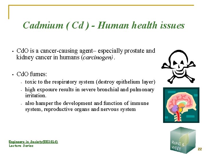 Cadmium ( Cd ) - Human health issues • Cd. O is a cancer-causing