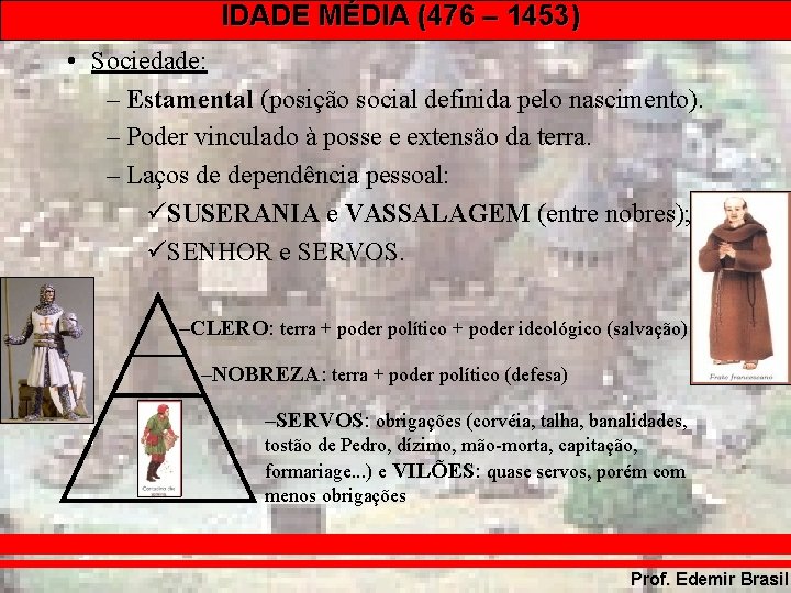 IDADE MÉDIA (476 – 1453) • Sociedade: – Estamental (posição social definida pelo nascimento).