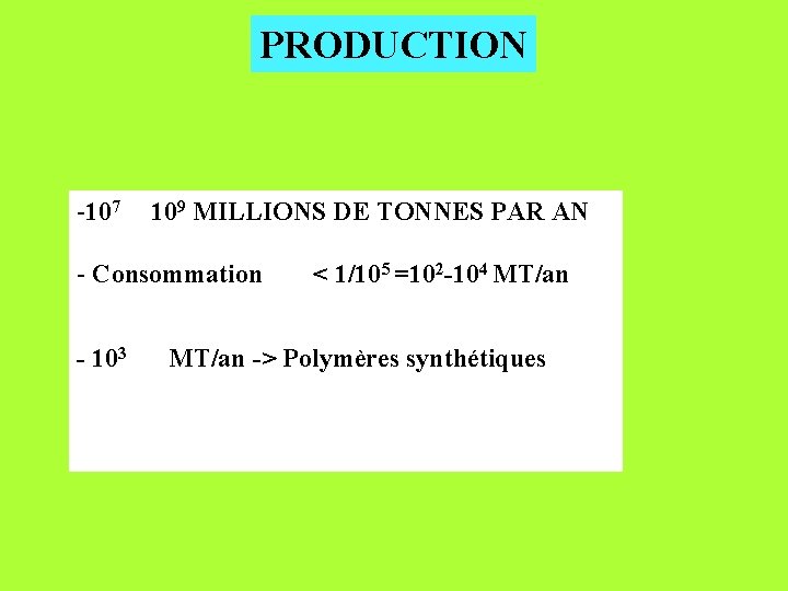 PRODUCTION -107 109 MILLIONS DE TONNES PAR AN - Consommation - 103 < 1/105