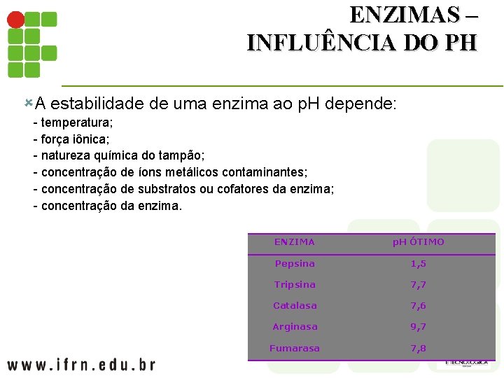 ENZIMAS – INFLUÊNCIA DO PH ûA estabilidade de uma enzima ao p. H depende: