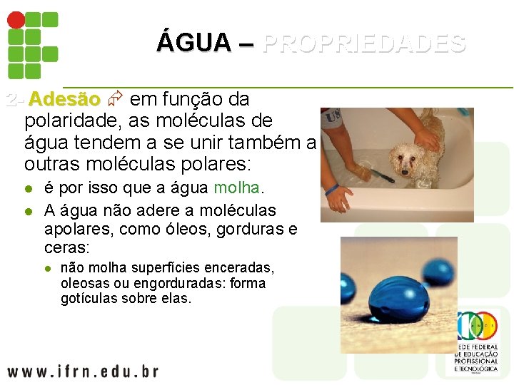 ÁGUA – PROPRIEDADES 2 - 2 - Adesão em função da Adesão polaridade, as