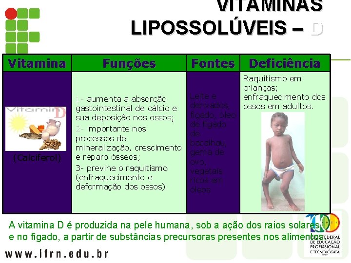 VITAMINAS LIPOSSOLÚVEIS – D Vitamina (Calciferol) Funções 1 - aumenta a absorção 1 gastointestinal
