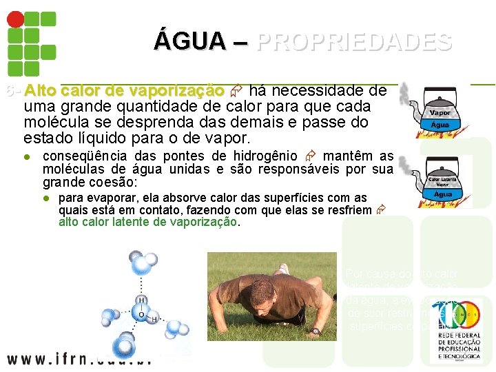 ÁGUA – PROPRIEDADES 6 - 6 - Alto calor de vaporização há necessidade de