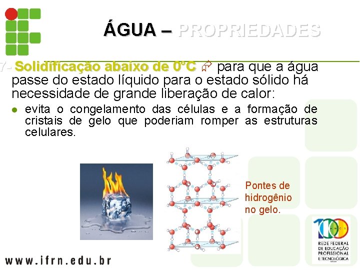 ÁGUA – PROPRIEDADES 7 - 7 - Solidificação abaixo de 0°C para que a