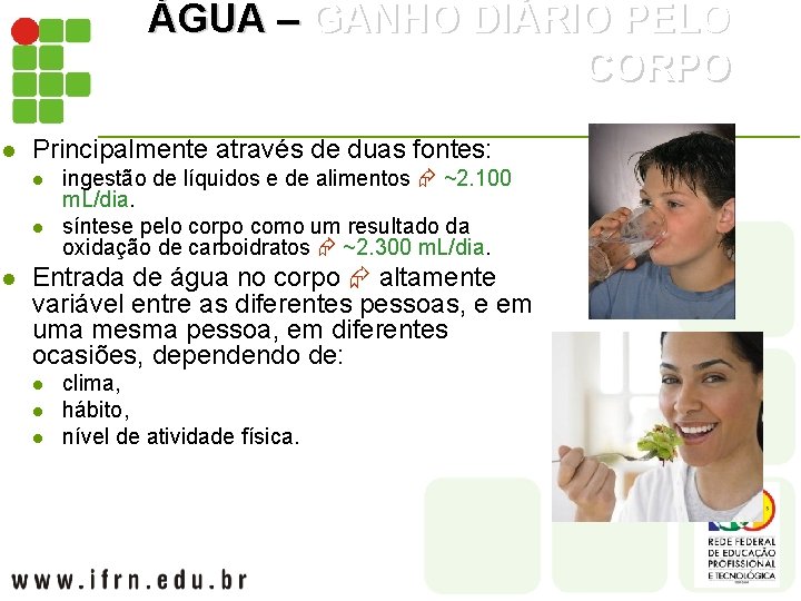 ÁGUA – GANHO DIÁRIO PELO CORPO l Principalmente através de duas fontes: l l