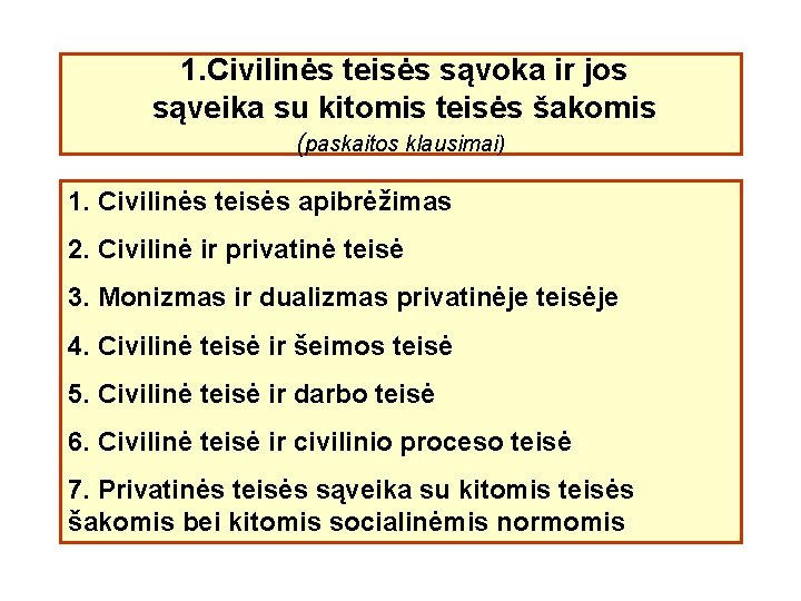 1. Civilinės teisės sąvoka ir jos sąveika su kitomis teisės šakomis (paskaitos klausimai) 1.