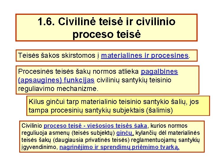 1. 6. Civilinė teisė ir civilinio proceso teisė Teisės šakos skirstomos į materialines ir