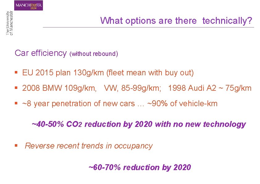 What options are there technically? Car efficiency (without rebound) § EU 2015 plan 130