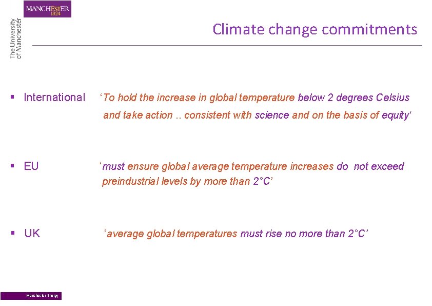 Climate change commitments § International ‘To hold the increase in global temperature below 2