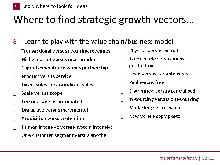6 Know where to look for ideas Where to find strategic growth vectors. .