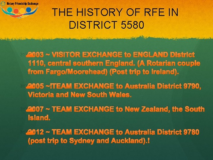 THE HISTORY OF RFE IN DISTRICT 5580 2003 ~ VISITOR EXCHANGE to ENGLAND District