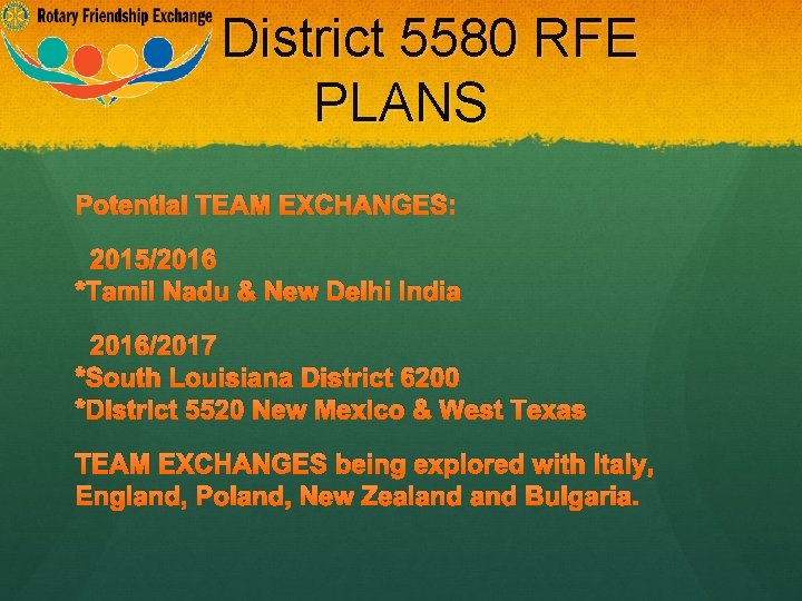 District 5580 RFE PLANS Potential TEAM EXCHANGES: 2015/2016 *Tamil Nadu & New Delhi India