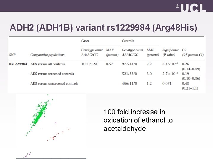 ADH 2 (ADH 1 B) variant rs 1229984 (Arg 48 His) 100 fold increase