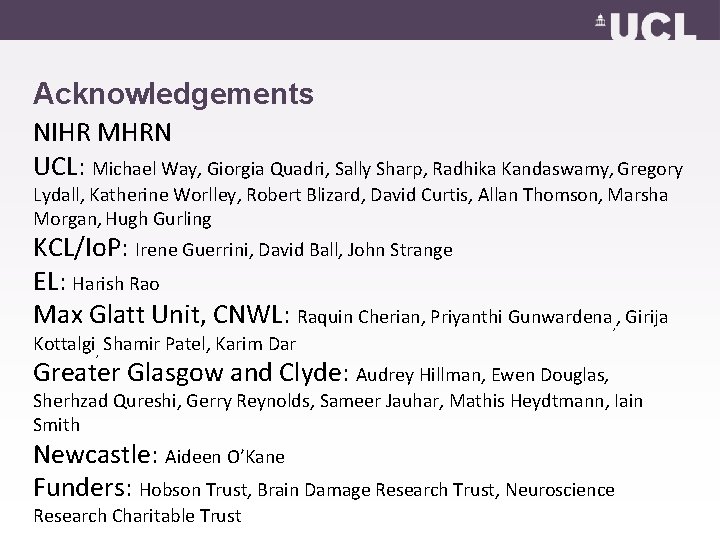 Acknowledgements NIHR MHRN UCL: Michael Way, Giorgia Quadri, Sally Sharp, Radhika Kandaswamy, Gregory Lydall,