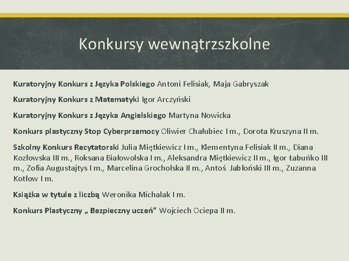 Konkursy wewnątrzszkolne Kuratoryjny Konkurs z Języka Polskiego Antoni Felisiak, Maja Gabryszak Kuratoryjny Konkurs z Konkursy wewnątrzszkolne Kuratoryjny Konkurs z Języka Polskiego Antoni Felisiak, Maja Gabryszak Kuratoryjny Konkurs z