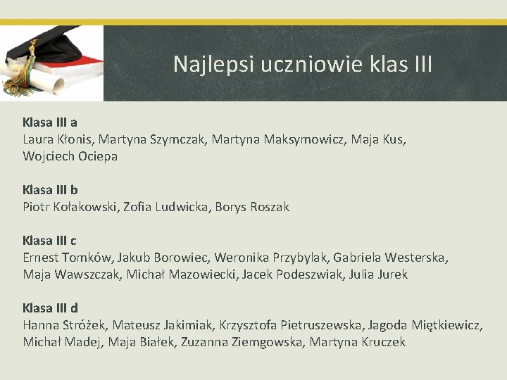 Najlepsi uczniowie klas III Klasa III a Laura Kłonis, Martyna Szymczak, Martyna Maksymowicz, Maja Najlepsi uczniowie klas III Klasa III a Laura Kłonis, Martyna Szymczak, Martyna Maksymowicz, Maja