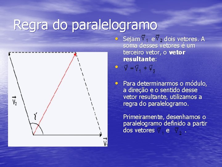 Regra do paralelogramo • Sejam e dois vetores. A • soma desses vetores é