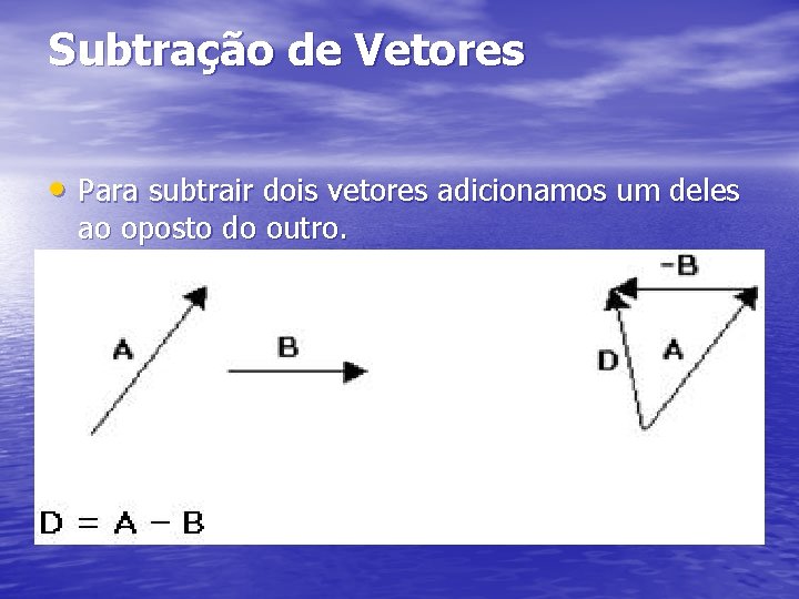 Subtração de Vetores • Para subtrair dois vetores adicionamos um deles ao oposto do