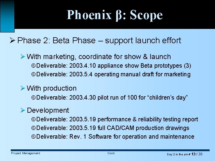Phoenix β: Scope Ø Phase 2: Beta Phase – support launch effort Ø With