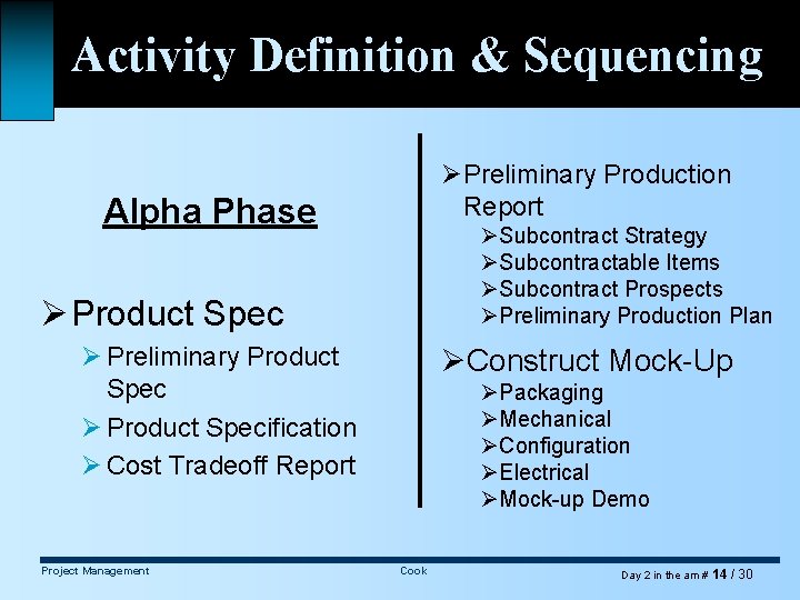 Activity Definition & Sequencing ØPreliminary Production Report Alpha Phase ØSubcontract Strategy ØSubcontractable Items ØSubcontract