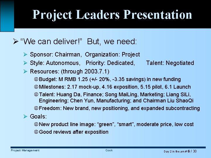 Project Leaders Presentation Ø “We can deliver!” But, we need: Ø Sponsor: Chairman, Organization: