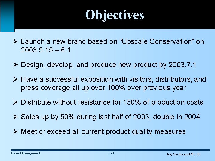 Objectives Ø Launch a new brand based on “Upscale Conservation” on 2003. 5. 15