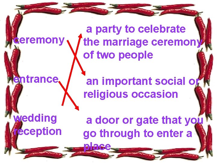 ceremony a party to celebrate the marriage ceremony of two people entrance an important