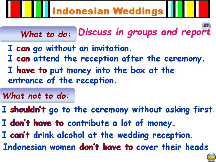 Indonesian Weddings What to do: Discuss in groups and report I can go without