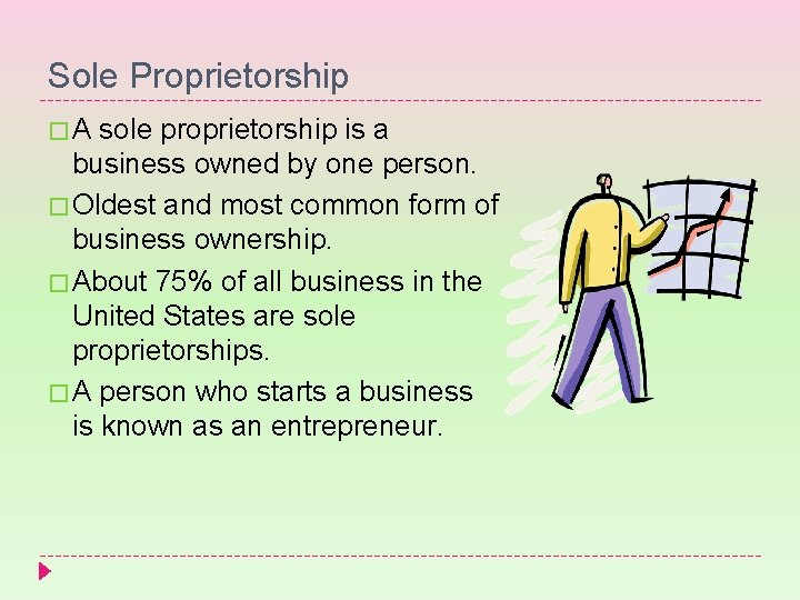 Sole Proprietorship � A sole proprietorship is a business owned by one person. �