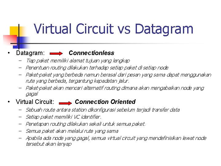 Virtual Circuit vs Datagram • Datagram: Connectionless – Tiap paket memiliki alamat tujuan yang