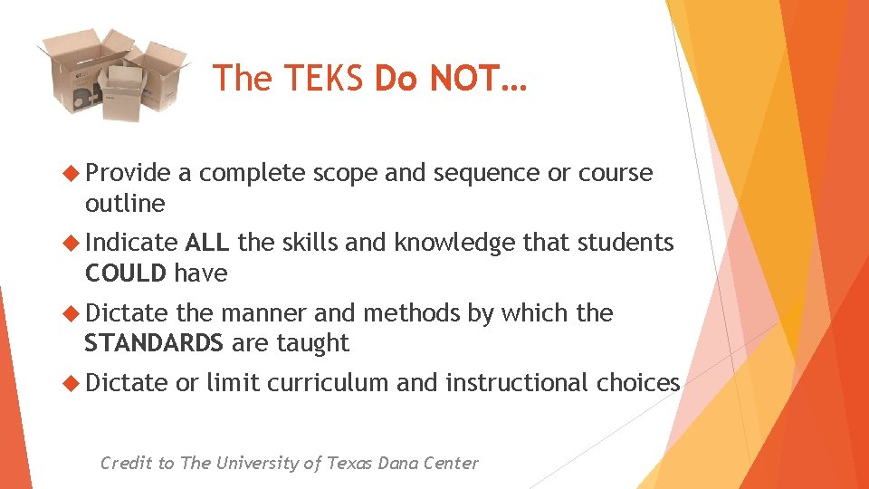 The TEKS Do NOT… Provide a complete scope and sequence or course outline Indicate