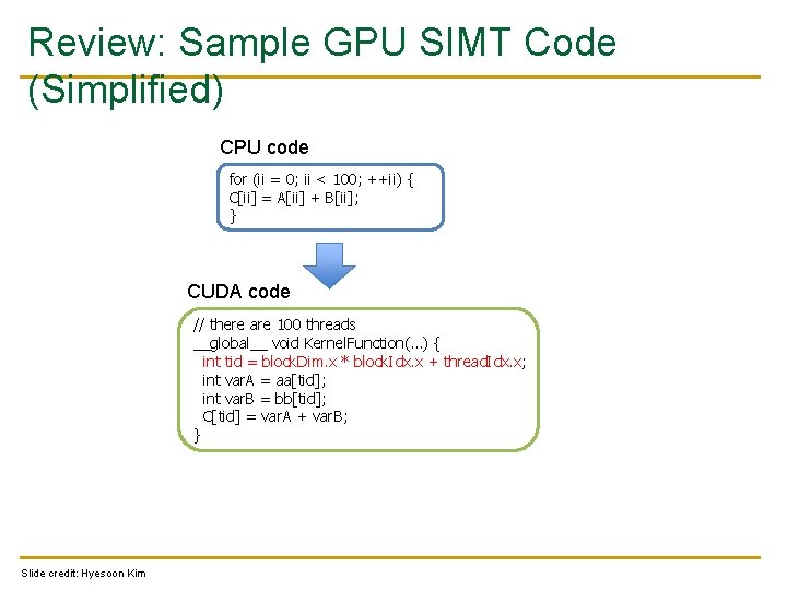 Review: Sample GPU SIMT Code (Simplified) CPU code for (ii = 0; ii <
