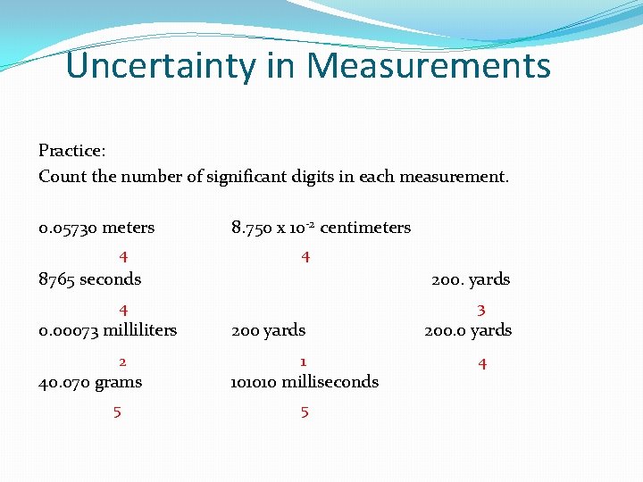 Uncertainty in Measurements Practice: Count the number of significant digits in each measurement. 0.