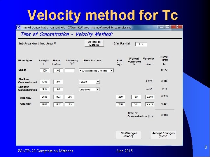 Velocity method for Tc Win. TR-20 Computation Methods June 2015 8 