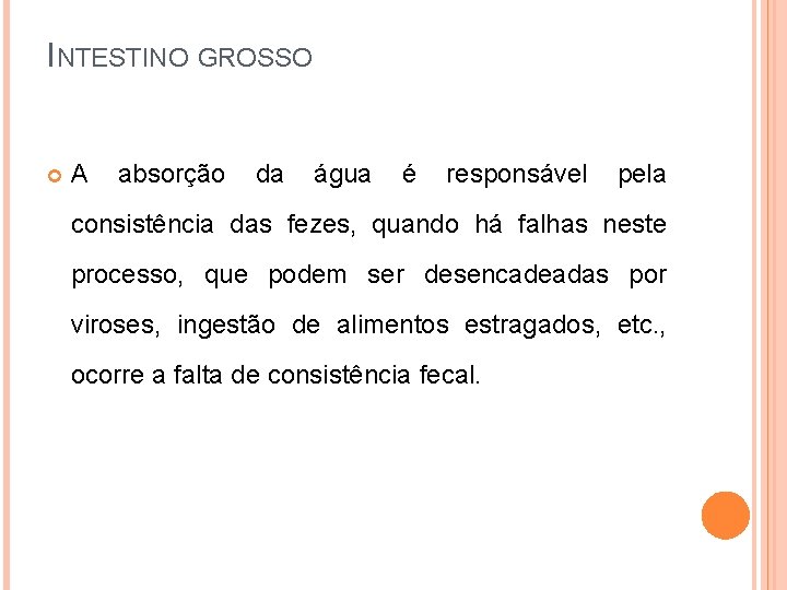 INTESTINO GROSSO A absorção da água é responsável pela consistência das fezes, quando há