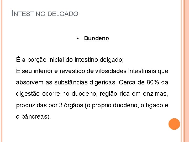 INTESTINO DELGADO • Duodeno É a porção inicial do intestino delgado; E seu interior