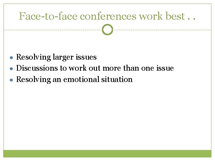 Face-to-face conferences work best. . ● Resolving larger issues ● Discussions to work out Face-to-face conferences work best. . ● Resolving larger issues ● Discussions to work out