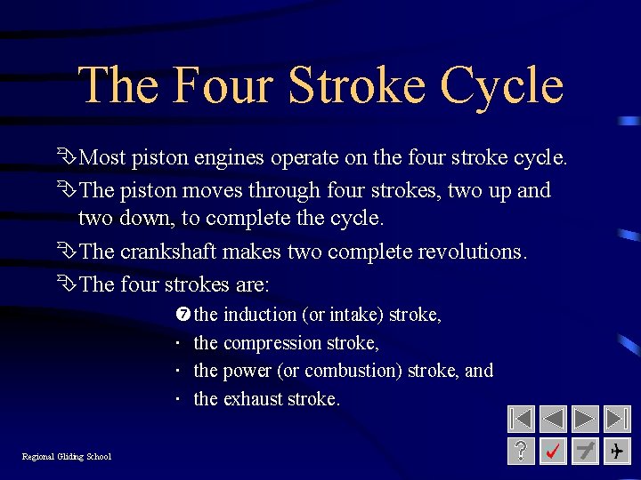 The Four Stroke Cycle ÊMost piston engines operate on the four stroke cycle. ÊThe