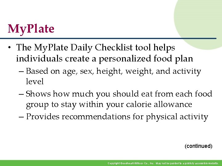My. Plate • The My. Plate Daily Checklist tool helps individuals create a personalized My. Plate • The My. Plate Daily Checklist tool helps individuals create a personalized
