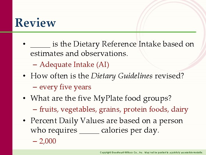 Review • _____ is the Dietary Reference Intake based on estimates and observations. – Review • _____ is the Dietary Reference Intake based on estimates and observations. –