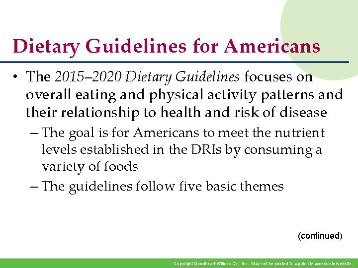Dietary Guidelines for Americans • The 2015– 2020 Dietary Guidelines focuses on overall eating Dietary Guidelines for Americans • The 2015– 2020 Dietary Guidelines focuses on overall eating