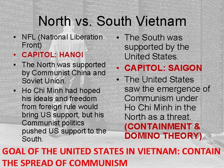 North vs. South Vietnam • NFL (National Liberation Front) • CAPITOL: HANOI • The North vs. South Vietnam • NFL (National Liberation Front) • CAPITOL: HANOI • The