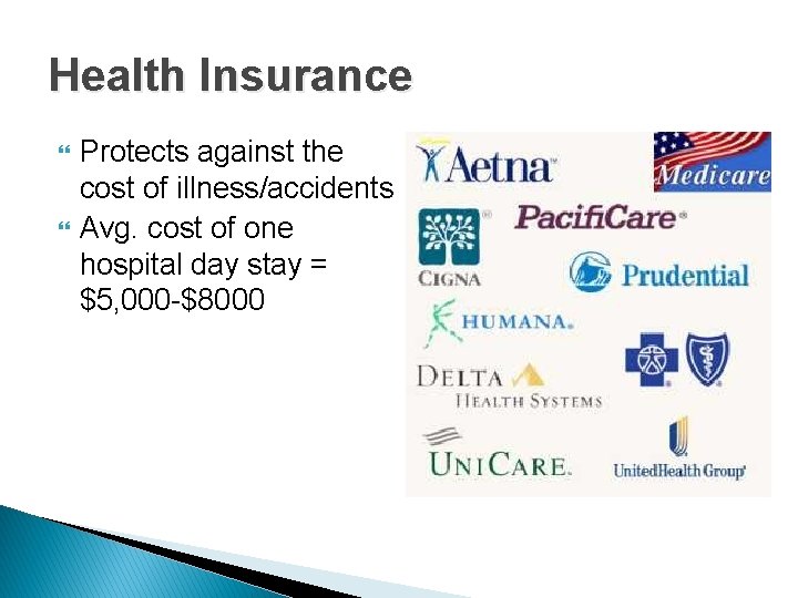 Health Insurance Protects against the cost of illness/accidents Avg. cost of one hospital day